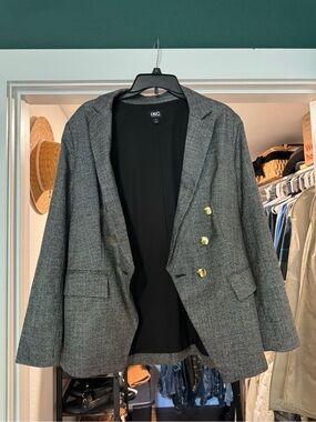 INC International Concepts Black and Gray Houndstooth Double-Breasted Blazer